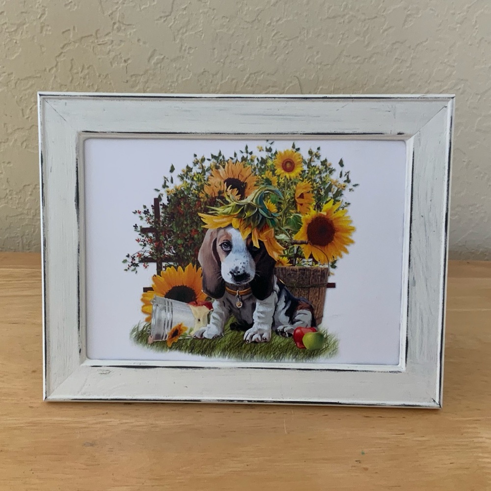 Farmhouse Beagle dog & sunflowers picture 5x7 w/frame